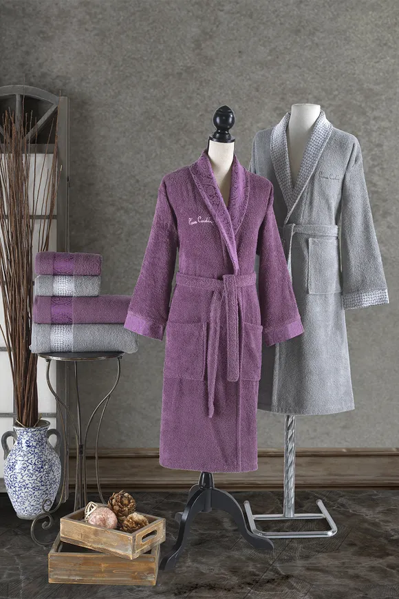 Pierre Cardin Damask Jakarlı Aile Bornoz Seti Mürdüm - Gri