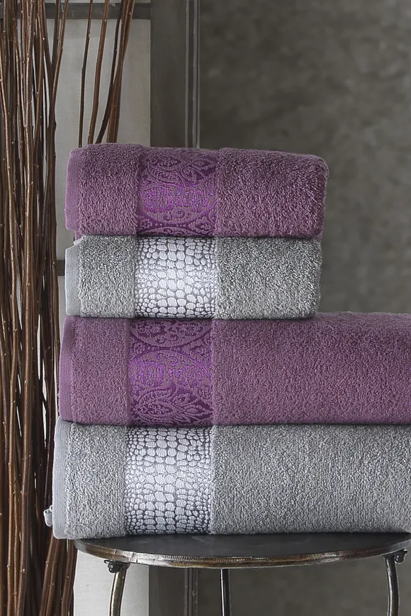 Pierre Cardin Damask Jakarlı Aile Bornoz Seti Mürdüm - Gri