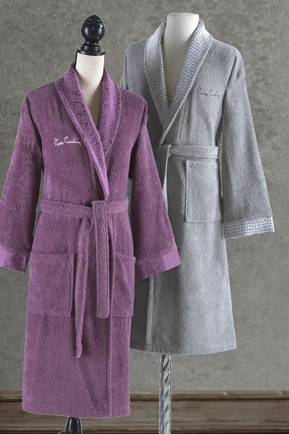 Pierre Cardin Damask Jakarlı Aile Bornoz Seti Mürdüm - Gri