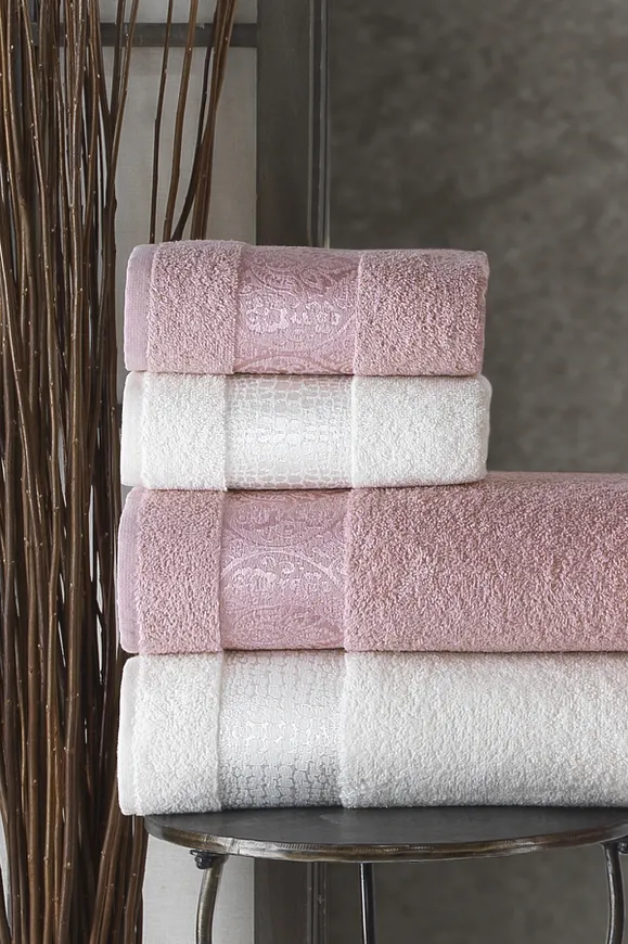 Pierre Cardin Damask Jakarlı Aile Bornoz Seti Pudra - Krem