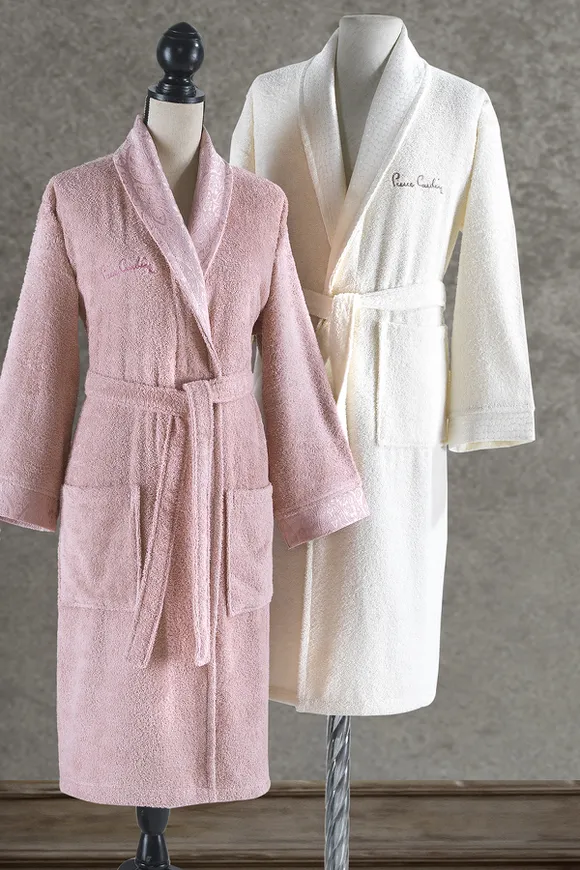 Pierre Cardin Damask Jakarlı Aile Bornoz Seti Pudra - Krem
