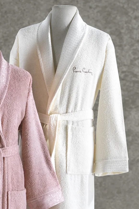 Pierre Cardin Damask Jakarlı Aile Bornoz Seti Pudra - Krem
