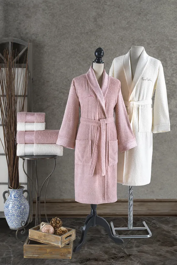 Pierre Cardin Damask Jakarlı Aile Bornoz Seti Pudra - Krem