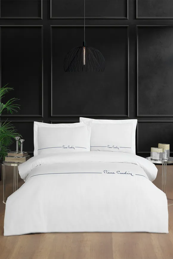 Pierre Cardin Deluxe Pamuk Nakışlı Nevresim Takımı Çift Kişilik Beyaz-İndigo