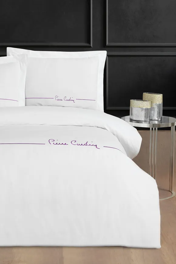 Pierre Cardin Deluxe Pamuk Nakışlı Nevresim Takımı Çift Kişilik Beyaz-Mürdüm