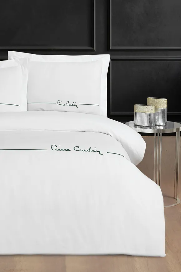 Pierre Cardin Deluxe Pamuk Nakışlı Nevresim Takımı Çift Kişilik Beyaz-Yeşil