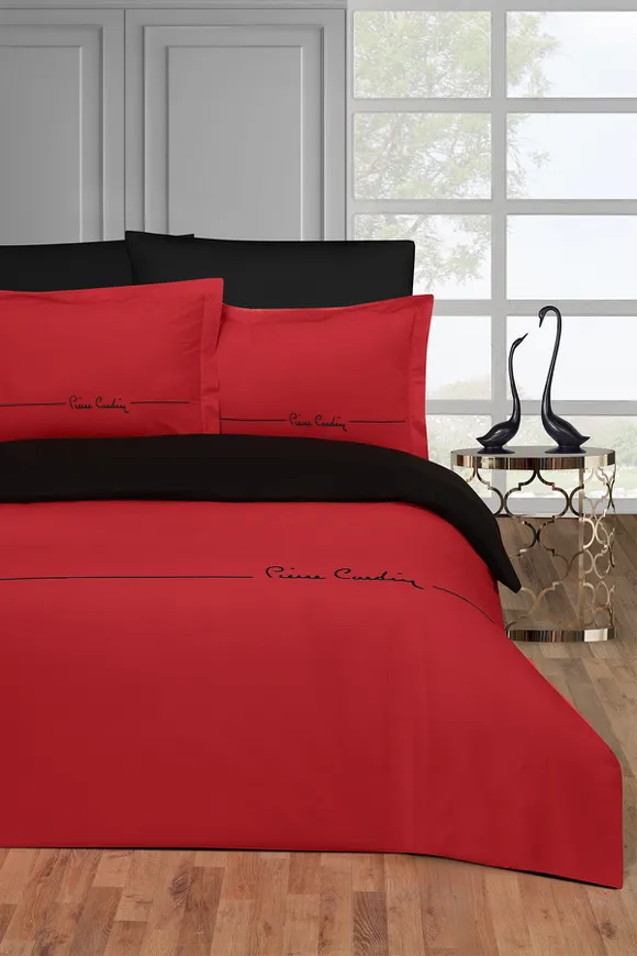 Pierre Cardin Deluxe Pamuk Nakışlı Nevresim Takımı Çift Kişilik Kırmızı-Siyah