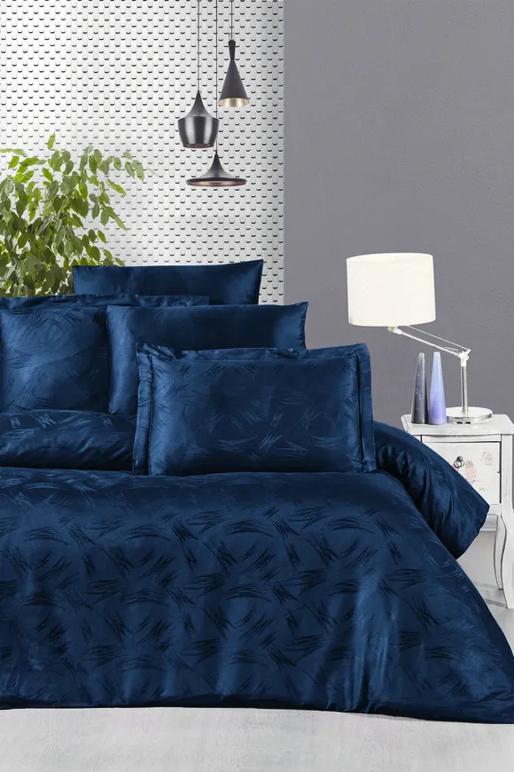 Pierre Cardin Jakarlı Saten Nevresim Takımı Çift Kişilik Ala Lacivert