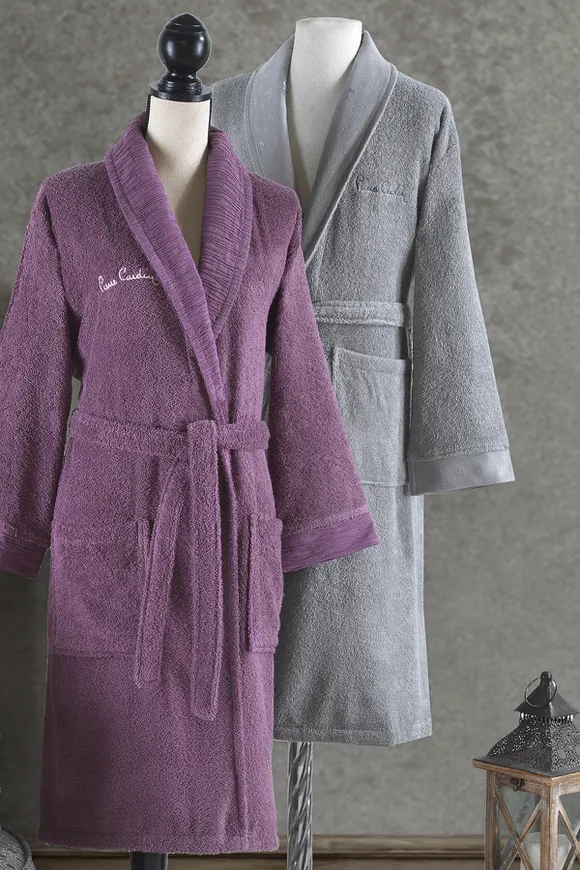 Pierre Cardin Logo Jakarlı Aile Bornoz Seti Mürdüm - Gri