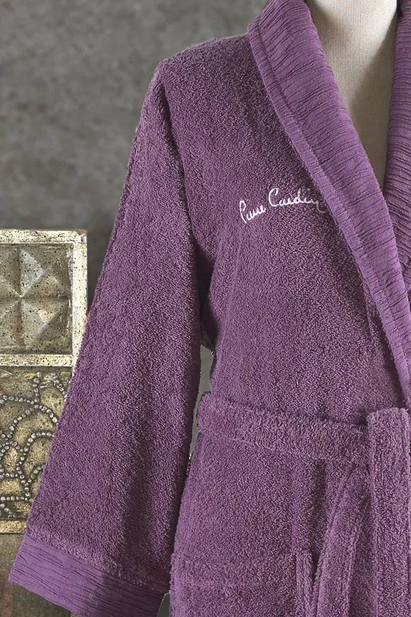 Pierre Cardin Logo Jakarlı Aile Bornoz Seti Mürdüm - Gri