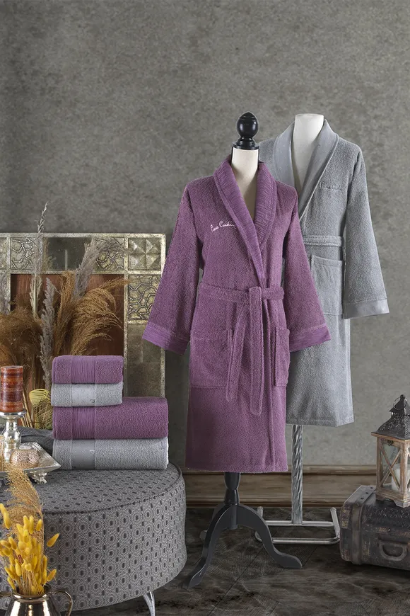 Pierre Cardin Logo Jakarlı Aile Bornoz Seti Mürdüm - Gri