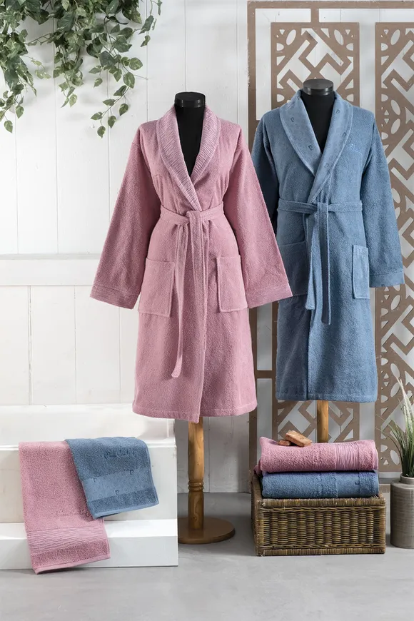 Pierre Cardin Logo Soft Jakarlı Aile Bornoz Seti Deco Rose - İndigo