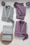 Pierre Cardin Logo Soft Jakarlı Aile Bornoz Seti Mürdüm - Gri