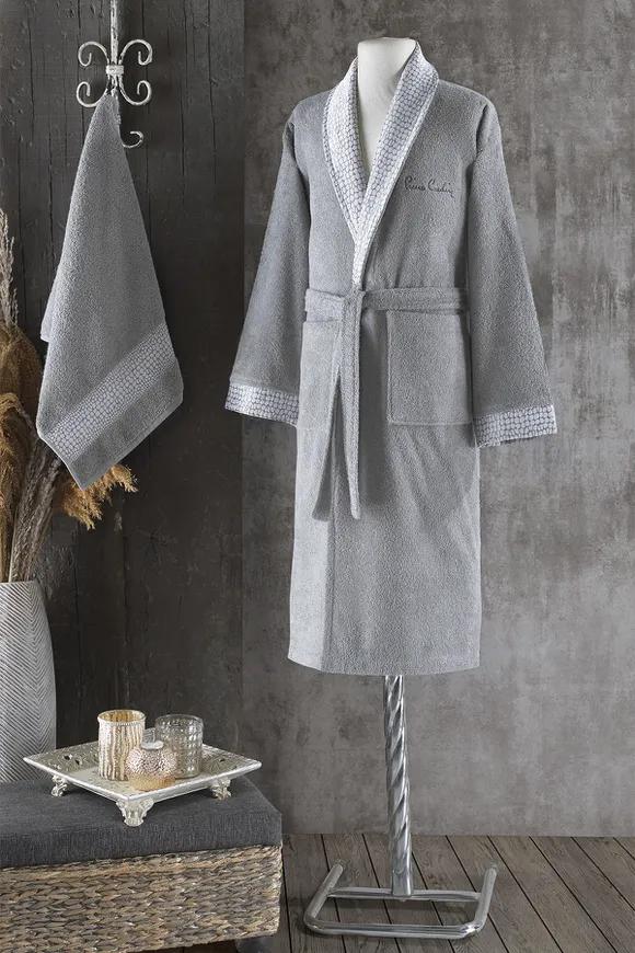 Pierre Cardin Stone Jakarlı Erkek Bornoz Seti Gri